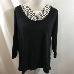 Basic Editions black 3/4 sleeve top, floral print at neck, womens 2XL, chest 21”